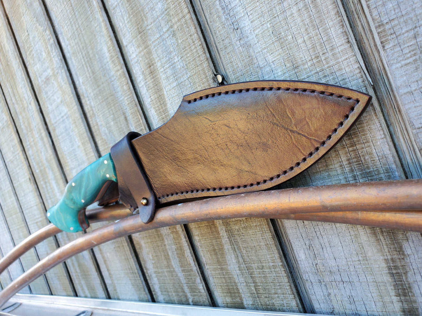 Forged 5160 Kukri with Exposed Copper Liners and a Leather Sheath