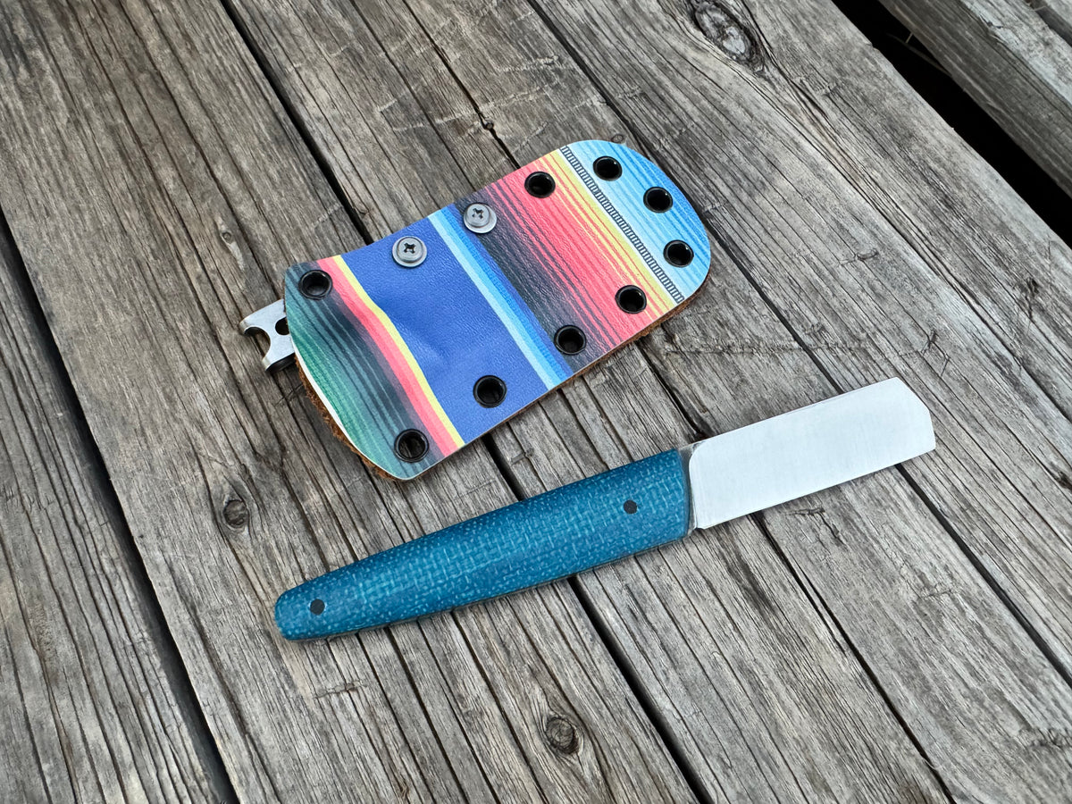 Farmers Market Bull Cutter with Blue Micarta Scales and Sheath