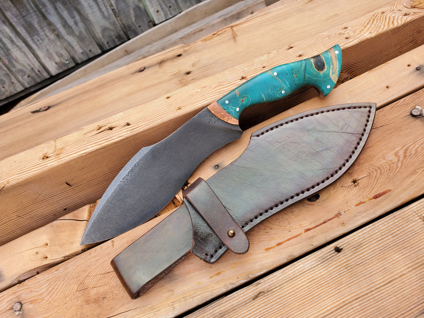 Forged 5160 Kukri with Exposed Copper Liners and a Leather Sheath