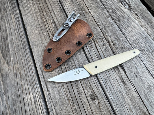 Farmers Market Blade with white Micarta Scales and Sheath