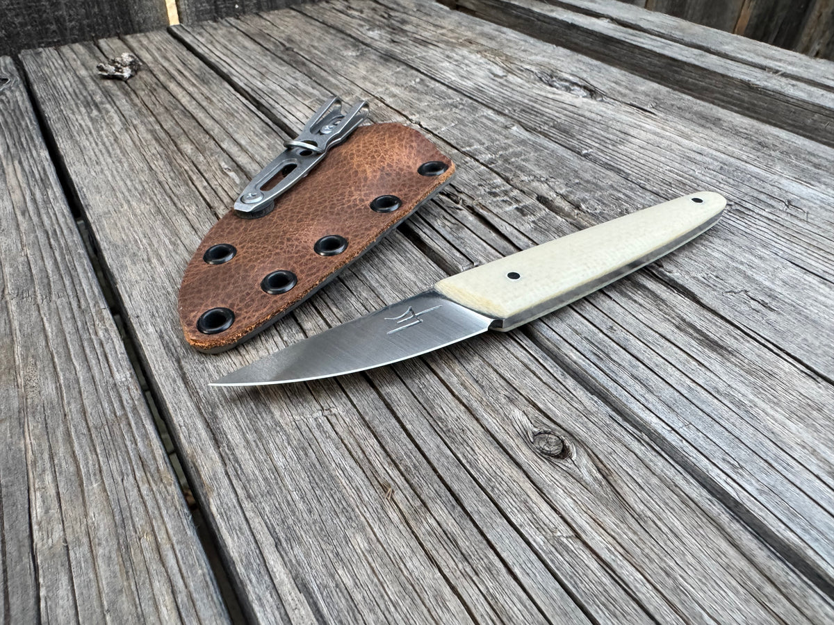Farmers Market Blade with white Micarta Scales and Sheath