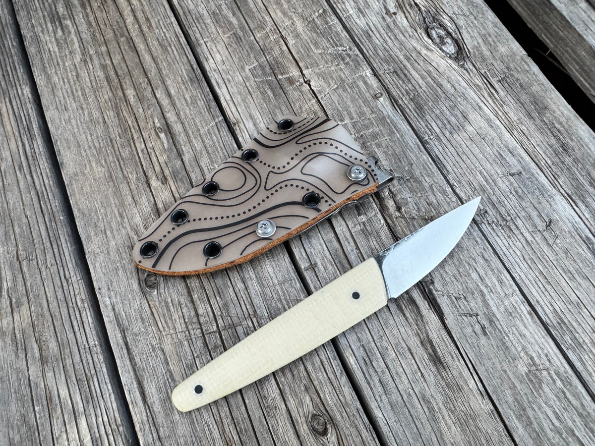 Farmers Market Blade with white Micarta Scales and Sheath