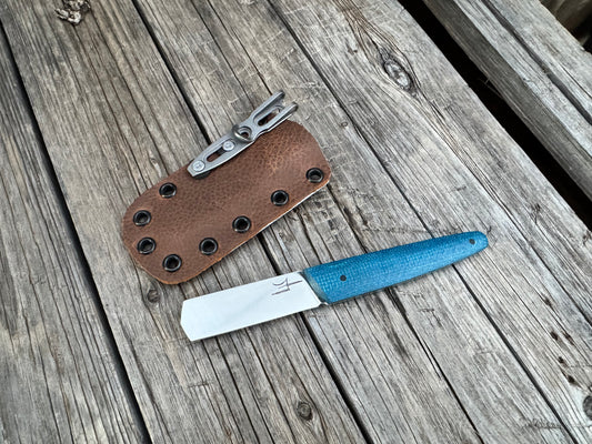 Farmers Market Bull Cutter with Blue Micarta Scales and Sheath