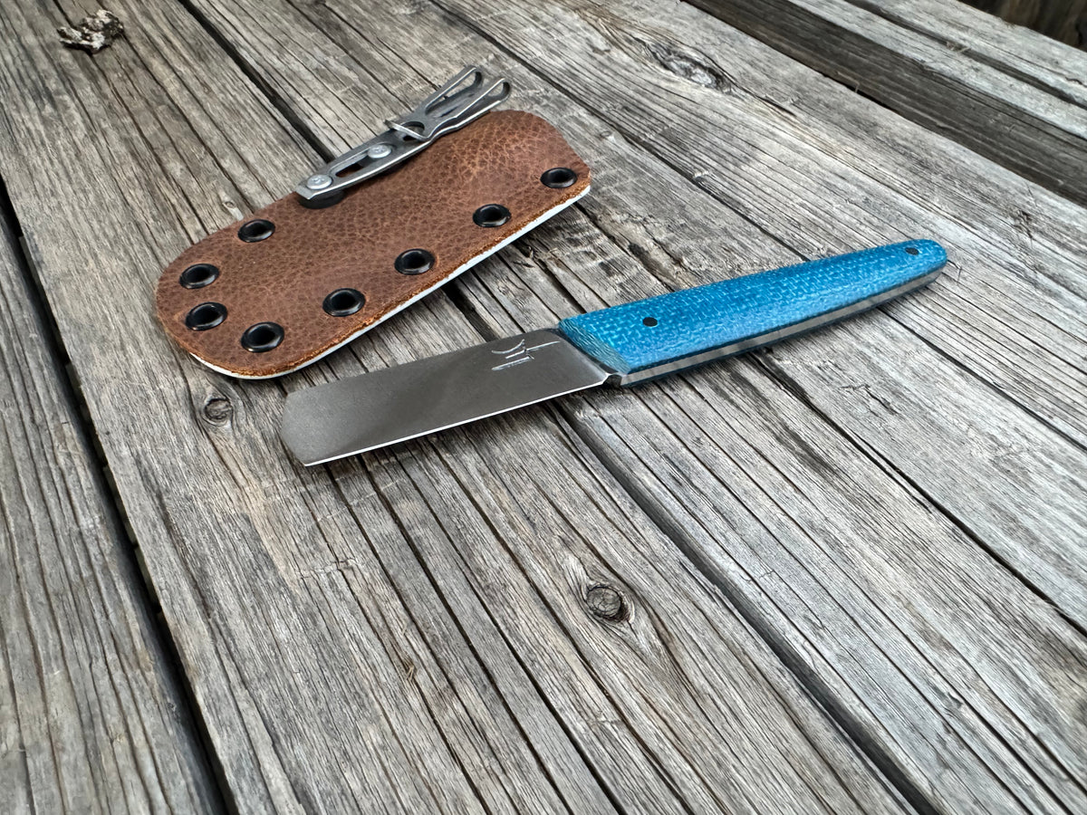 Farmers Market Bull Cutter with Blue Micarta Scales and Sheath